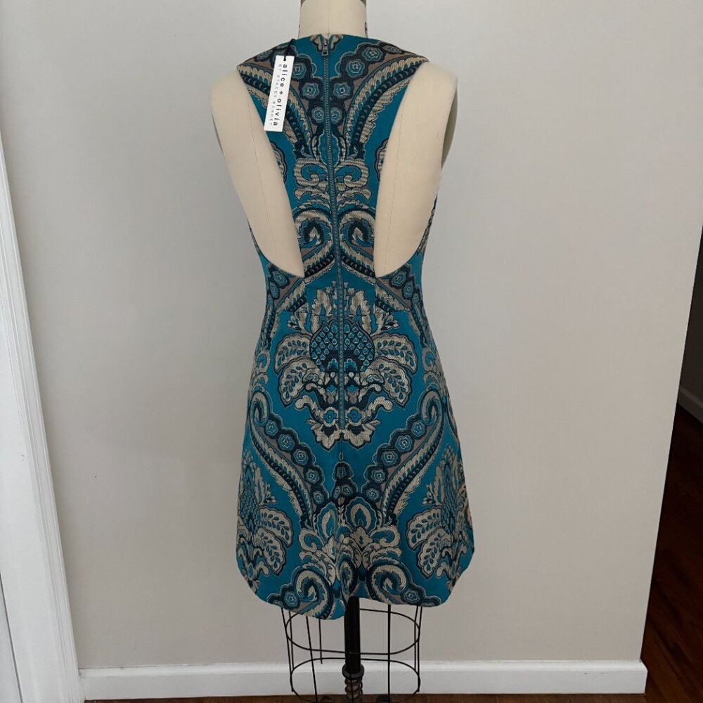Alice + Olivia Natalee Jacquard Racerback A-Line Dress Turquoise Peacock Size 4 - Picture 3 of 8